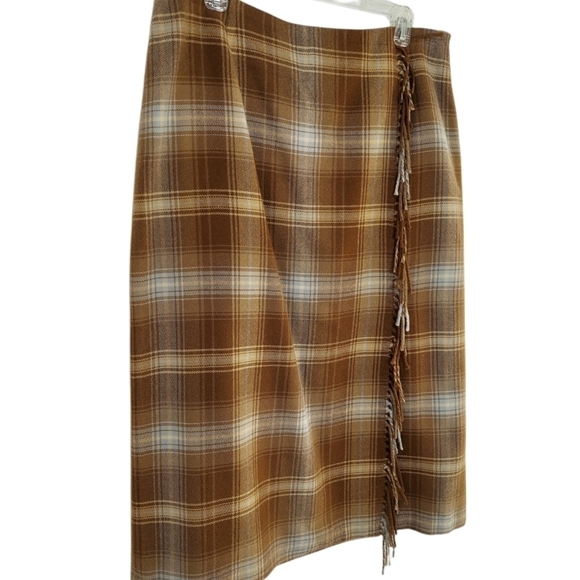 VTG Village Maxi Skirt Plaid Wool Blend Faux Wrap Fringe Lined Size 14 Tan Blue - Picture 3 of 14
